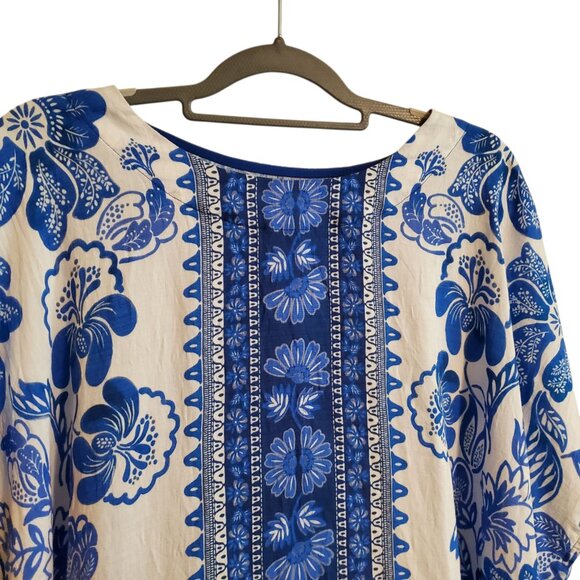 Umgee Floral Border Pattern Round Neck Short Sleeves Oversized Blouse Blue  L - Picture 3 of 14